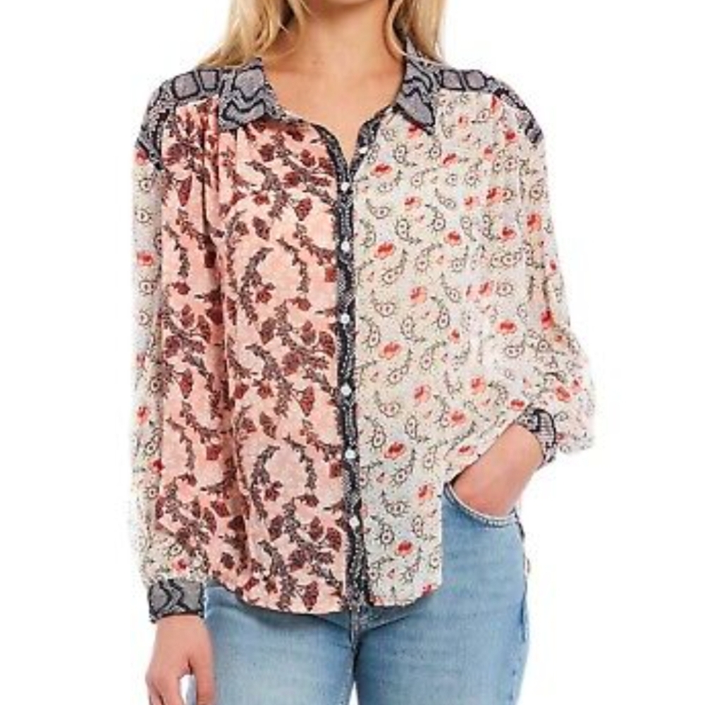 Free People Pink and Cream Notched Collar Button Down Top